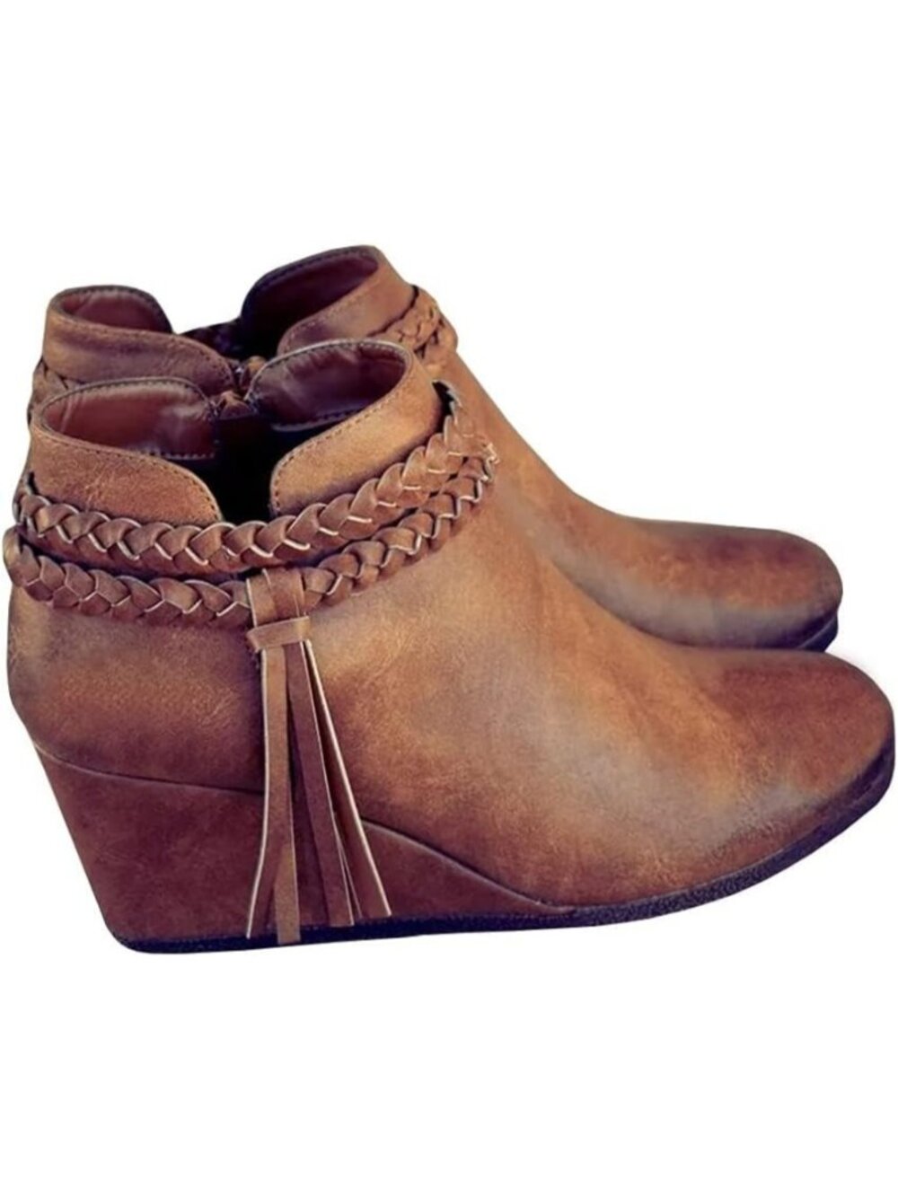 Women's Brown Wedge Ankle Boots Braided Fringe Strap Western Heeled Booties